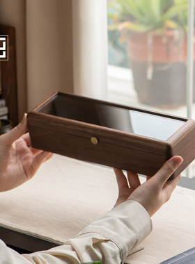 线香存放盒沉香檀香储香盒黑胡桃实木透明家用放香盒高级感卧香盒