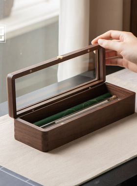 檀香沉香线香收纳盒高级感黑胡桃木透明防尘藏香专用存香盒储香盒