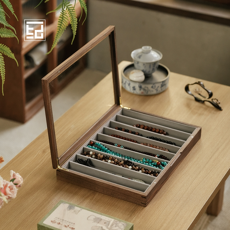 实木长文玩手串收纳盒翡翠珍珠串链黄金项链带绒布首饰盒展示木盒