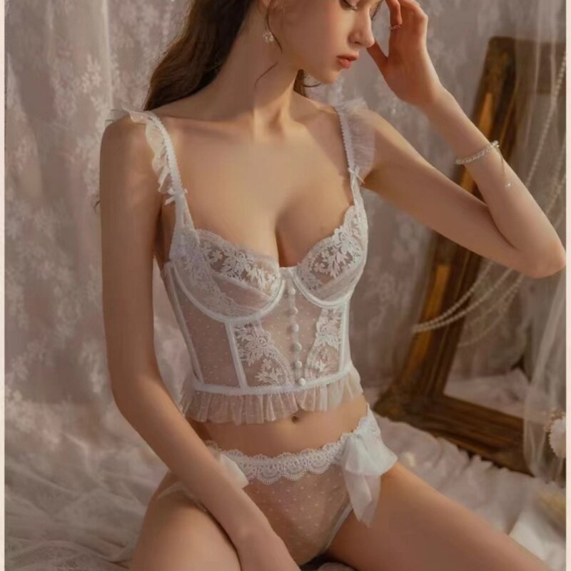 半透视鱼骨胸衣内搭薄款蕾丝情趣性感诱惑内衣法式吊带文胸套装