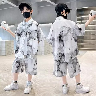 男童夏季薄款休闲套装2026新款男孩中大童短袖衬衫夏季迷彩两件套