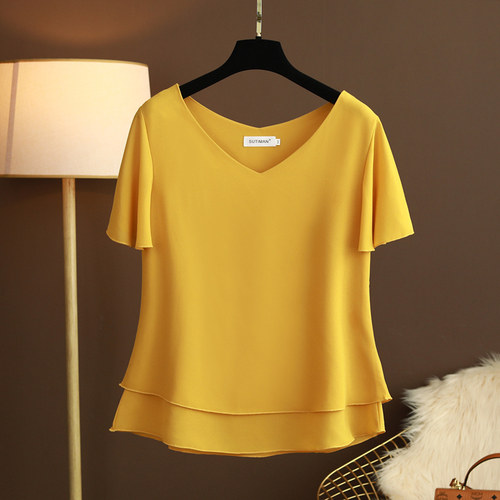 欧洲站雪纺衫v领宽松遮肚子女潮