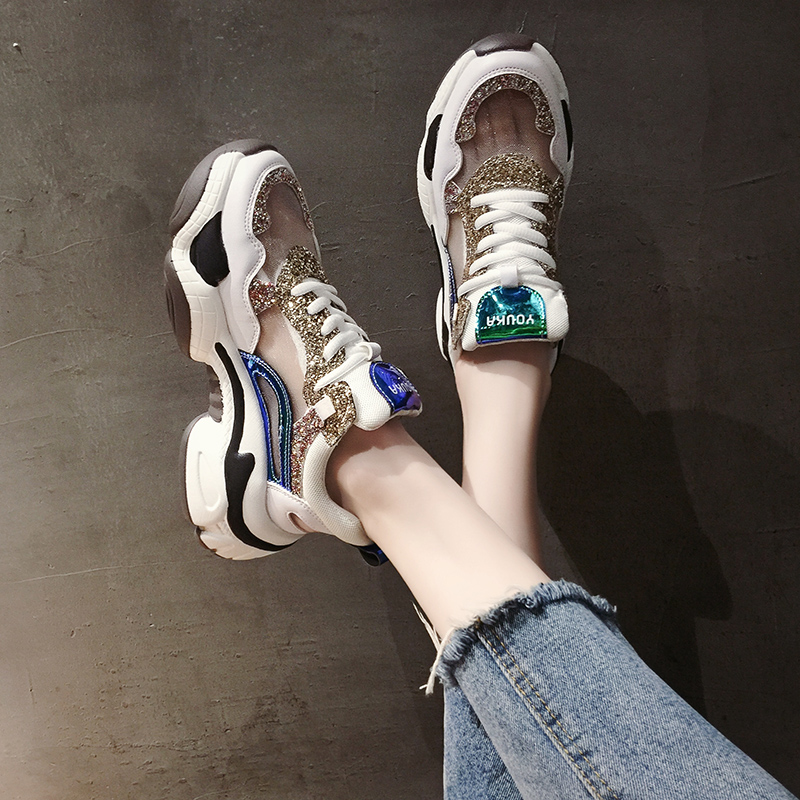 欧洲站春夏新款韩版百搭亮片网面透气运动休闲老爹鞋女厚底松糕鞋