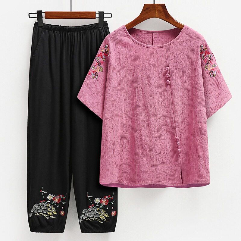 中老年夏装套装棉麻女奶奶短袖