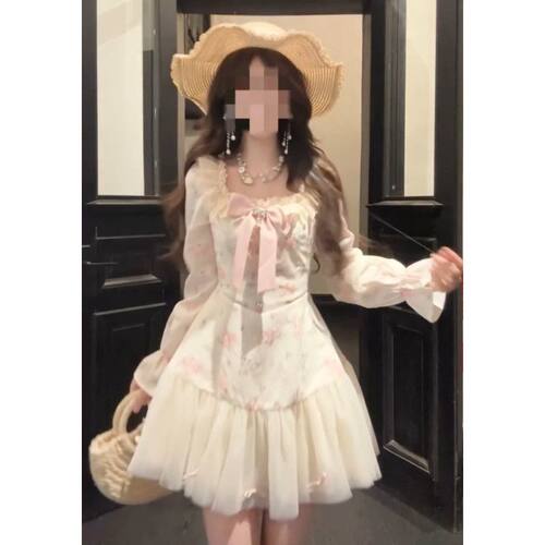 【樱粉甜系】温柔少女氛围感淑女连衣裙蝴蝶结拼接收腰显瘦短裙子