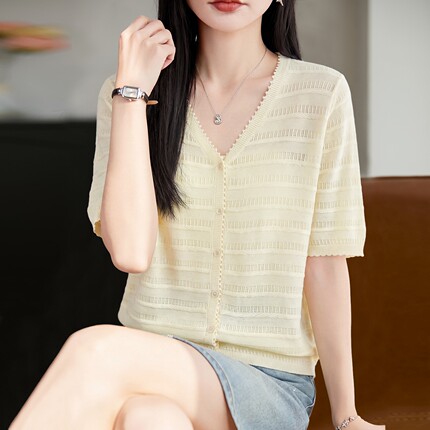 2026新款V领镂空针织短袖t恤女夏季薄款冰丝针织衫大码女装上衣