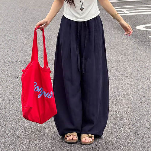 藏青色亚麻阔腿裤女夏季2026新款高腰休闲宽松bf慵懒风冰丝弯刀裤