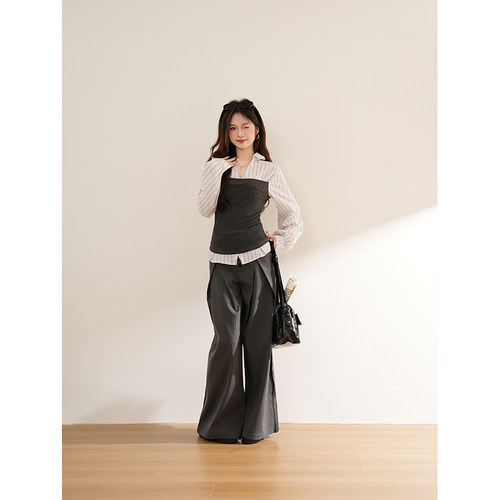 学院信笺 韩系休闲风条纹衬衫假两件拼接修身上衣条纹西装裤套装