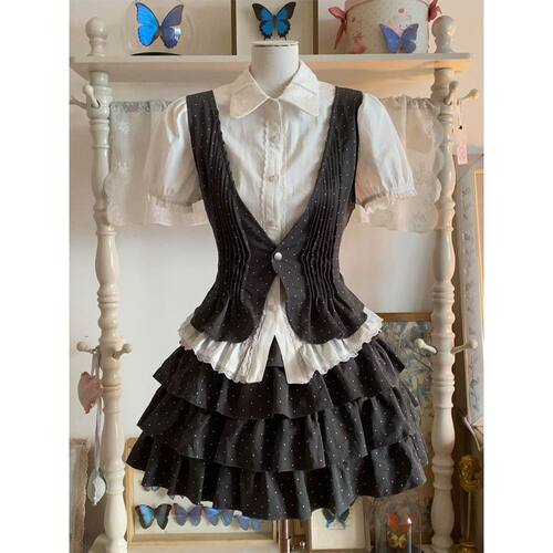 伦敦旧约 春夏新款古早vintage设计感叠穿马甲衬衫学院半裙三件套