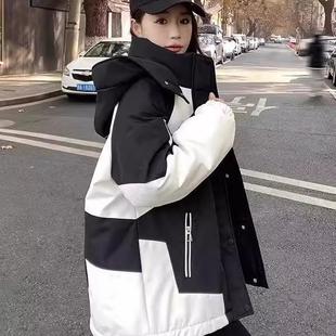 法国Rouje Moaka连帽工装派克服外套女羽绒服黑白拼接撞色冲锋衣