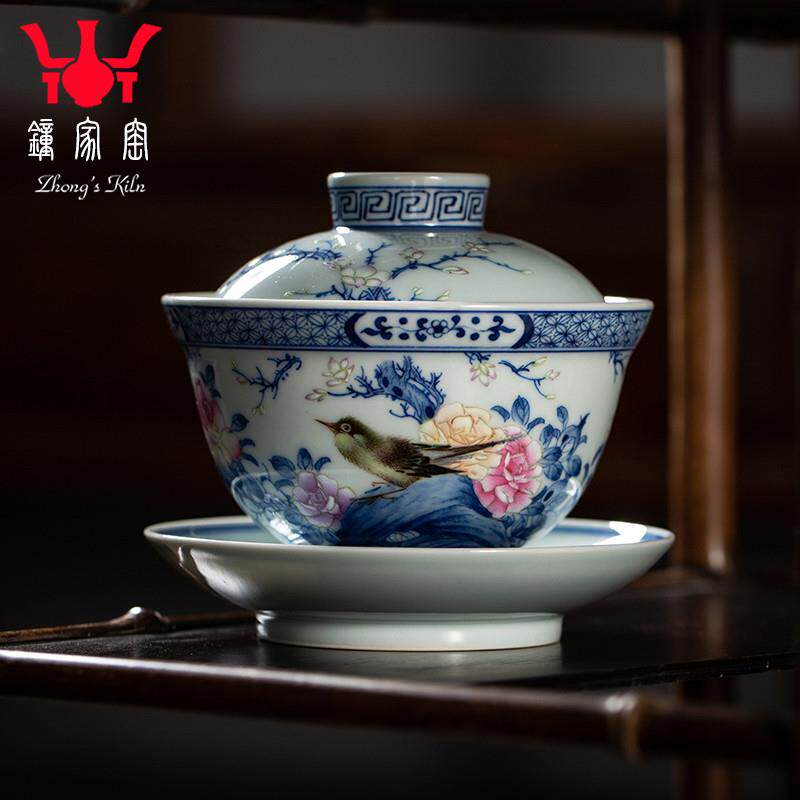 正品钟家窑陶瓷盖碗 景德镇名师万海华老师纯手绘青花斗彩花鸟三