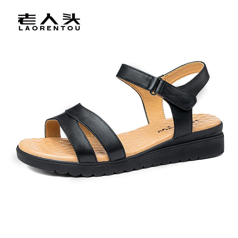 正品老人头女鞋2025夏季新款真皮平底防滑妈妈鞋软底中老年坡跟凉
