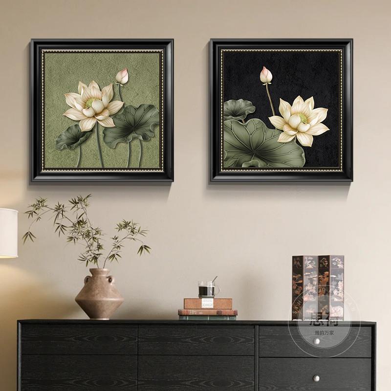 正品美式复古玄关过道装饰画荷花餐厅边柜壁画中古风客厅背景组合图片