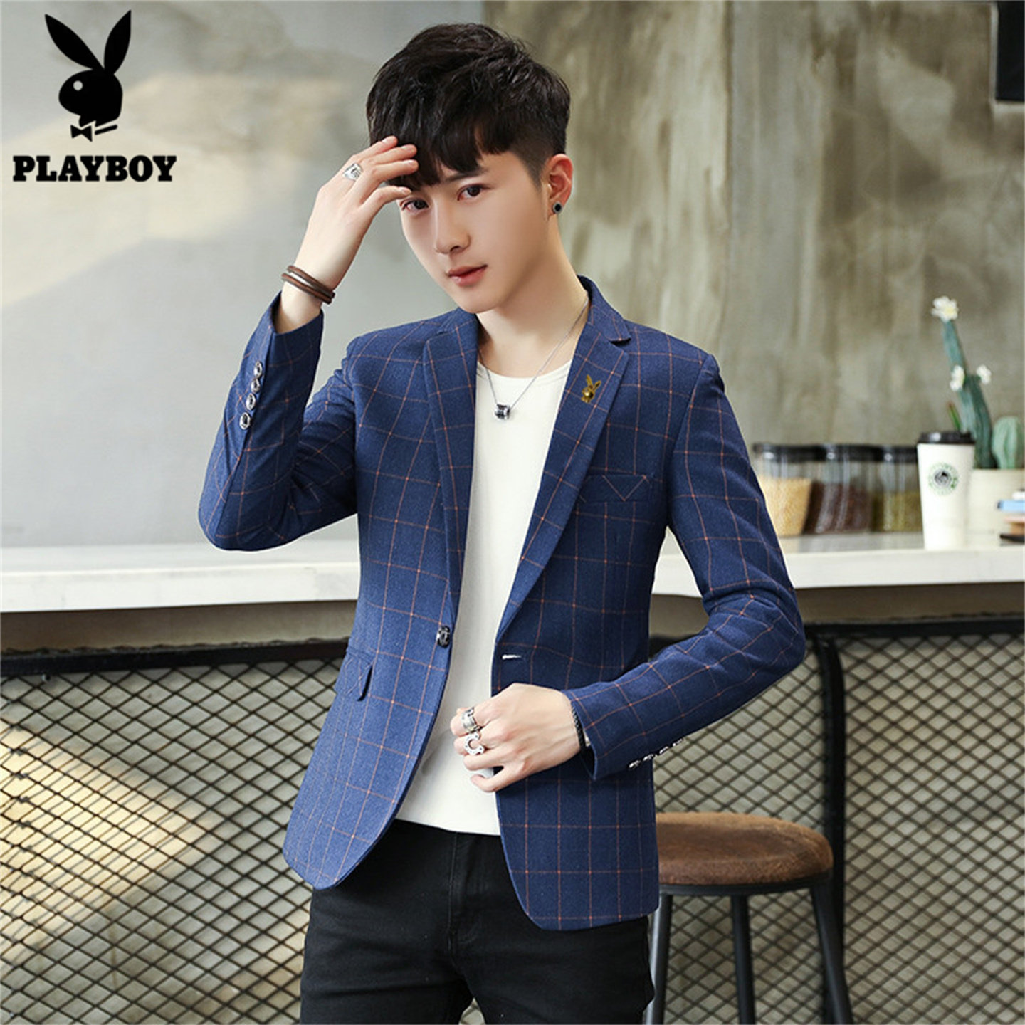 花花公子春秋季款男士格子西服男韩版修身外套潮帅气休闲西装上衣