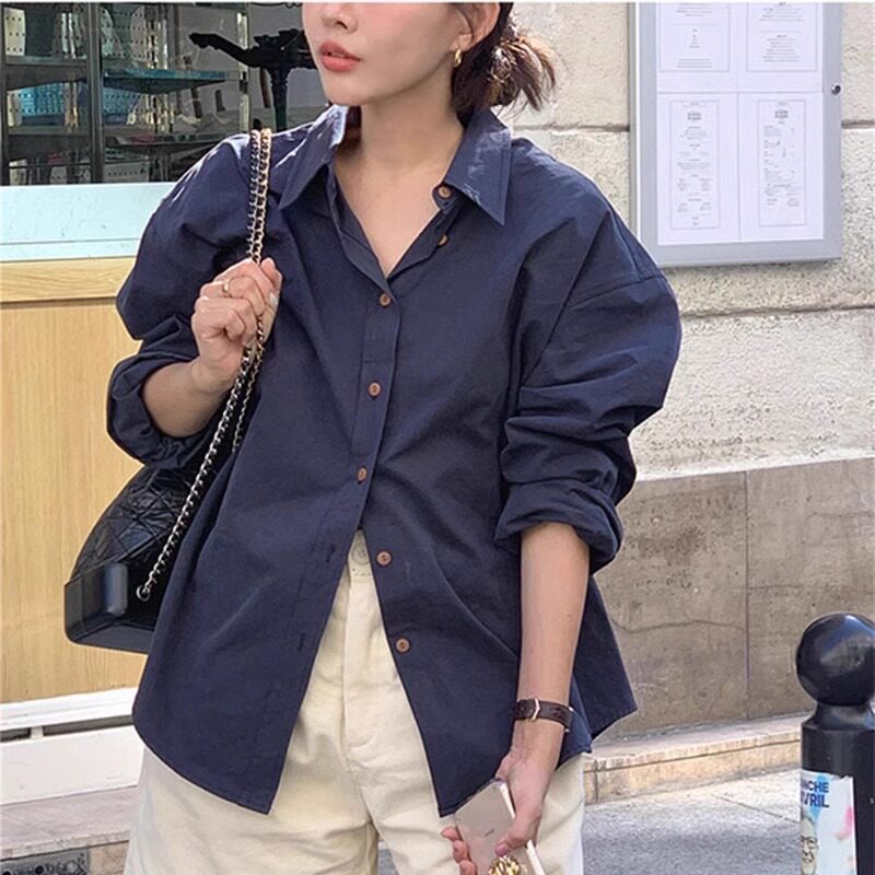 简约韩版宽松内搭复古扣长袖衬衫
