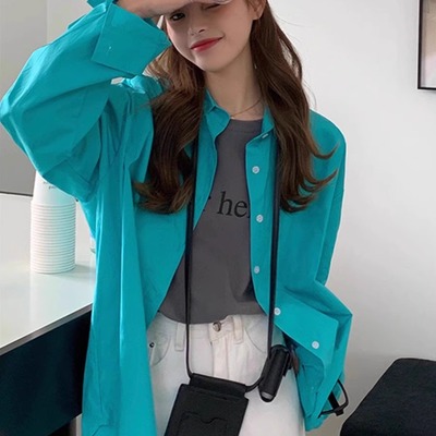 韩系多巴胺显白孔雀蓝宽松衬衫