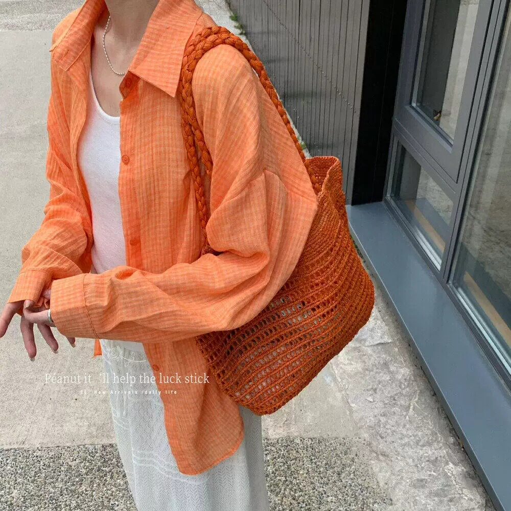 休闲长袖橙色格子廓形防晒衬衫