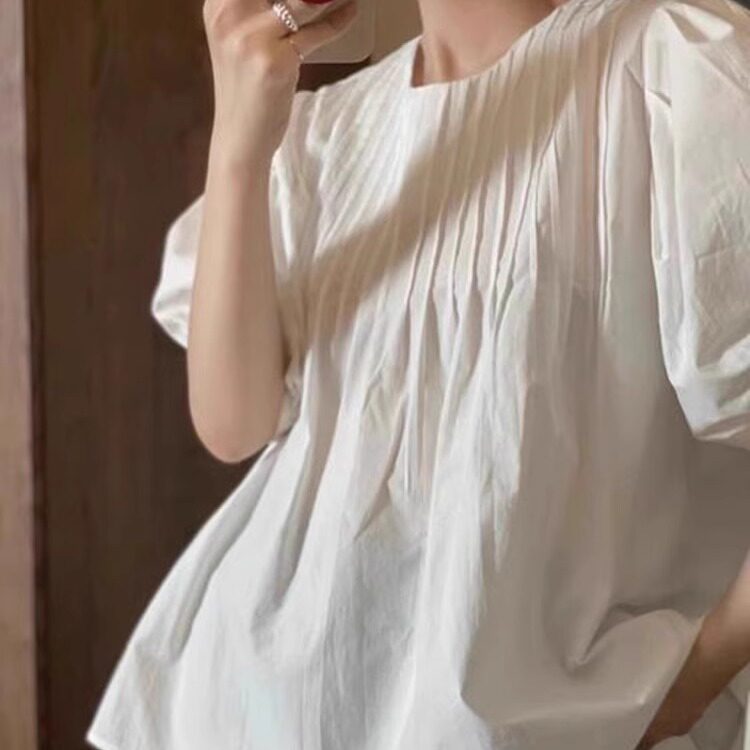 2026夏季新款风琴褶圆领白色衬衫女减龄韩系设计感宽松泡泡袖衬衣
