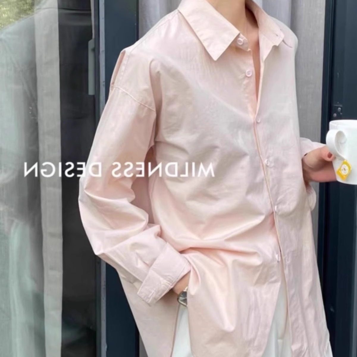 2026春季新款气质粉色长袖女士衬衫简约宽松经典款外穿polo领上衣