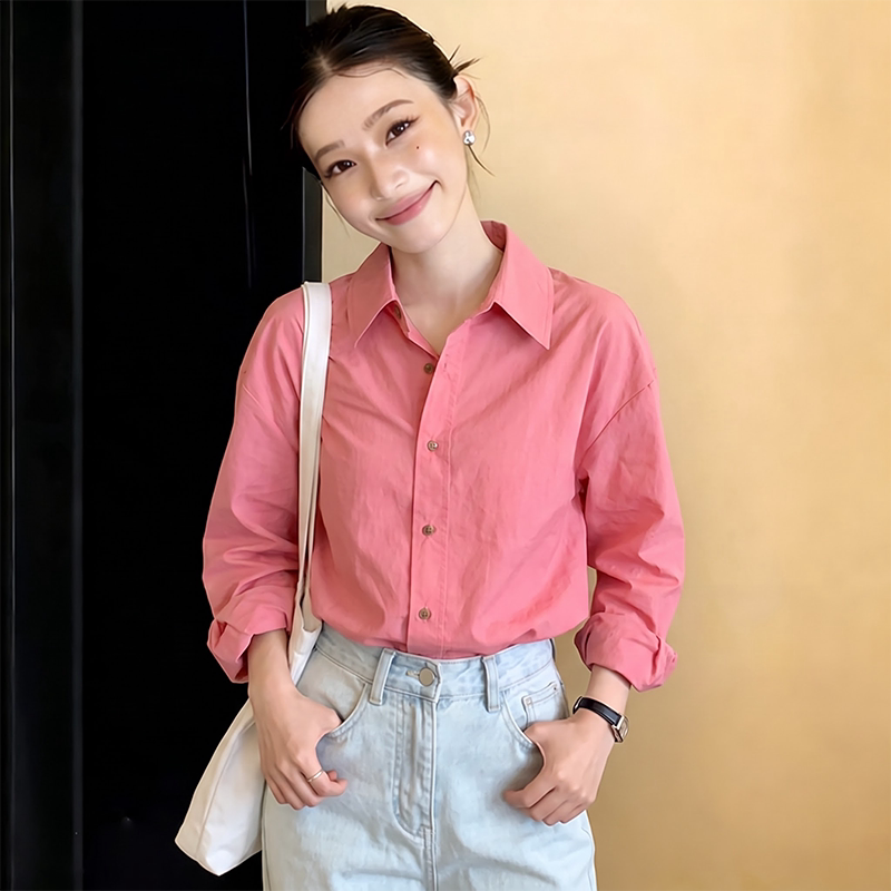 韩版新款简约洋气少女感休闲长袖衬衫春秋慵懒宽松别致甜菜粉上衣