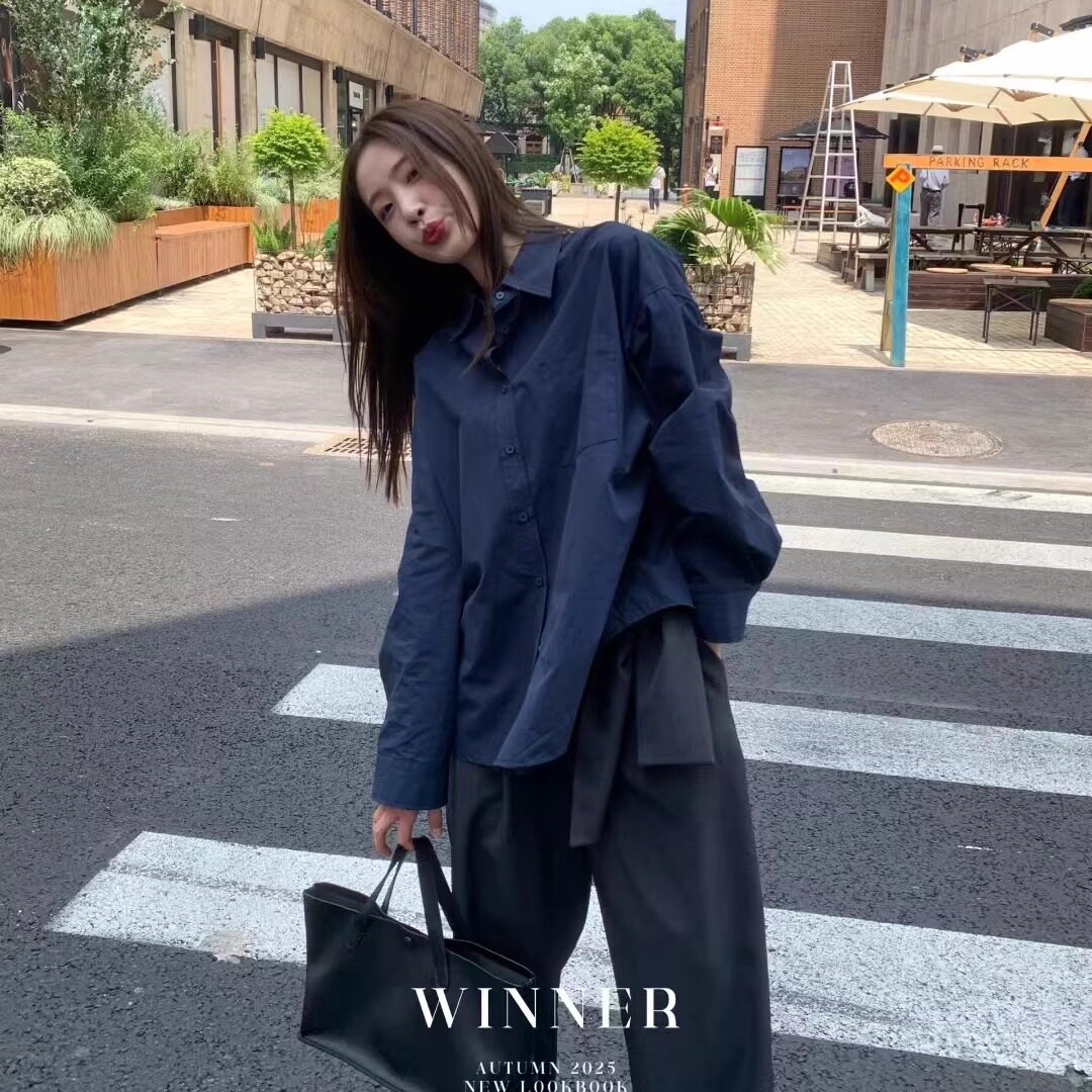 美式休闲宽松长袖藏青色衬衫外套