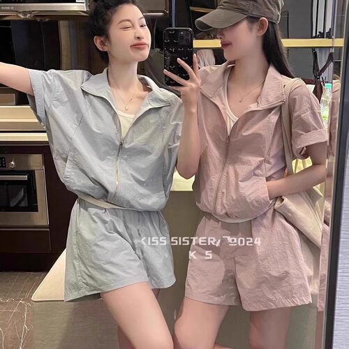 夏拉链短袖开衫加松紧腰短裤套装