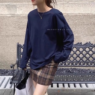 经典 极简纯色长袖 春季 款 百搭宽松内搭上衣潮 圆领棉T恤ins韩版 女装