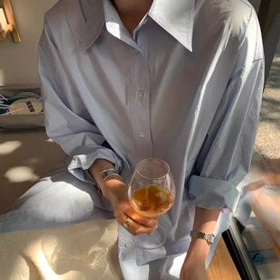 潮 秋2025新款 简约高级感长袖 蓝色衬衫 韩范ins风宽松防晒衬衣开衫