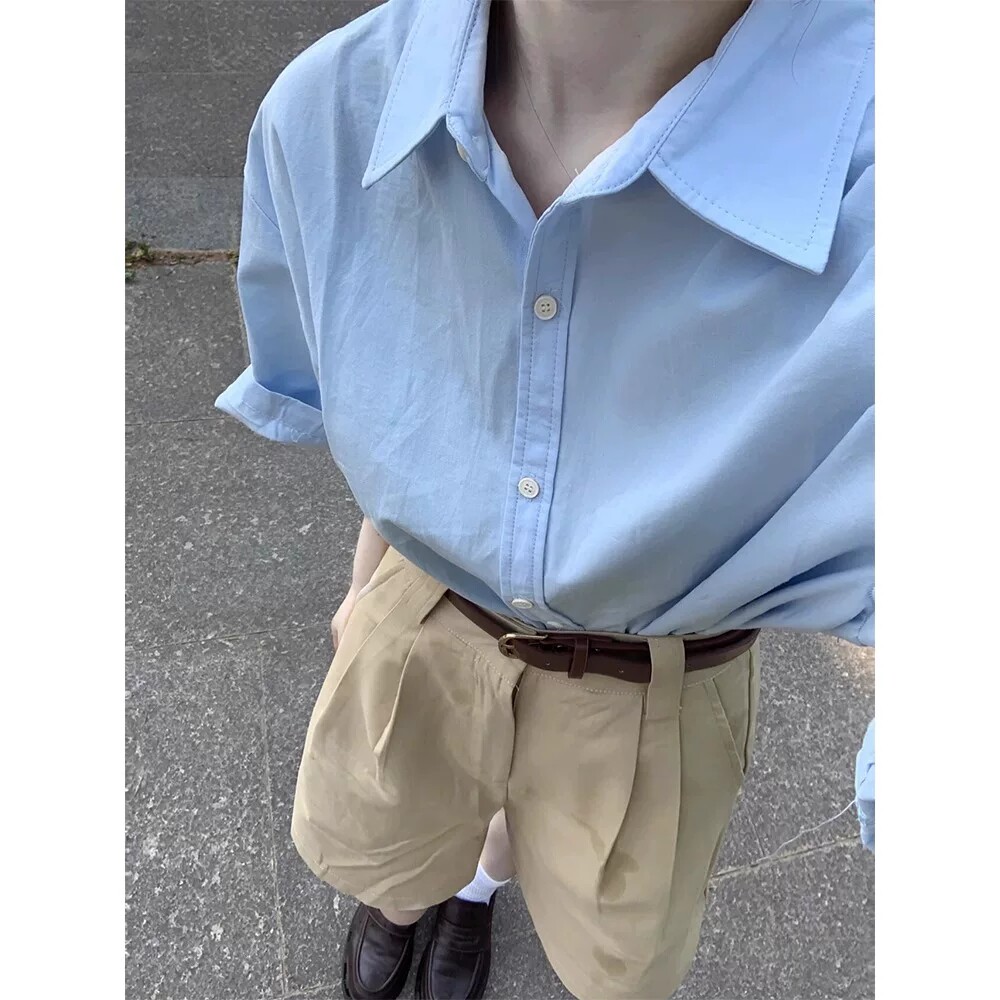 日系新款温柔风蓝色简约棉质衬衫夏季复古小众百搭休闲polo领上衣