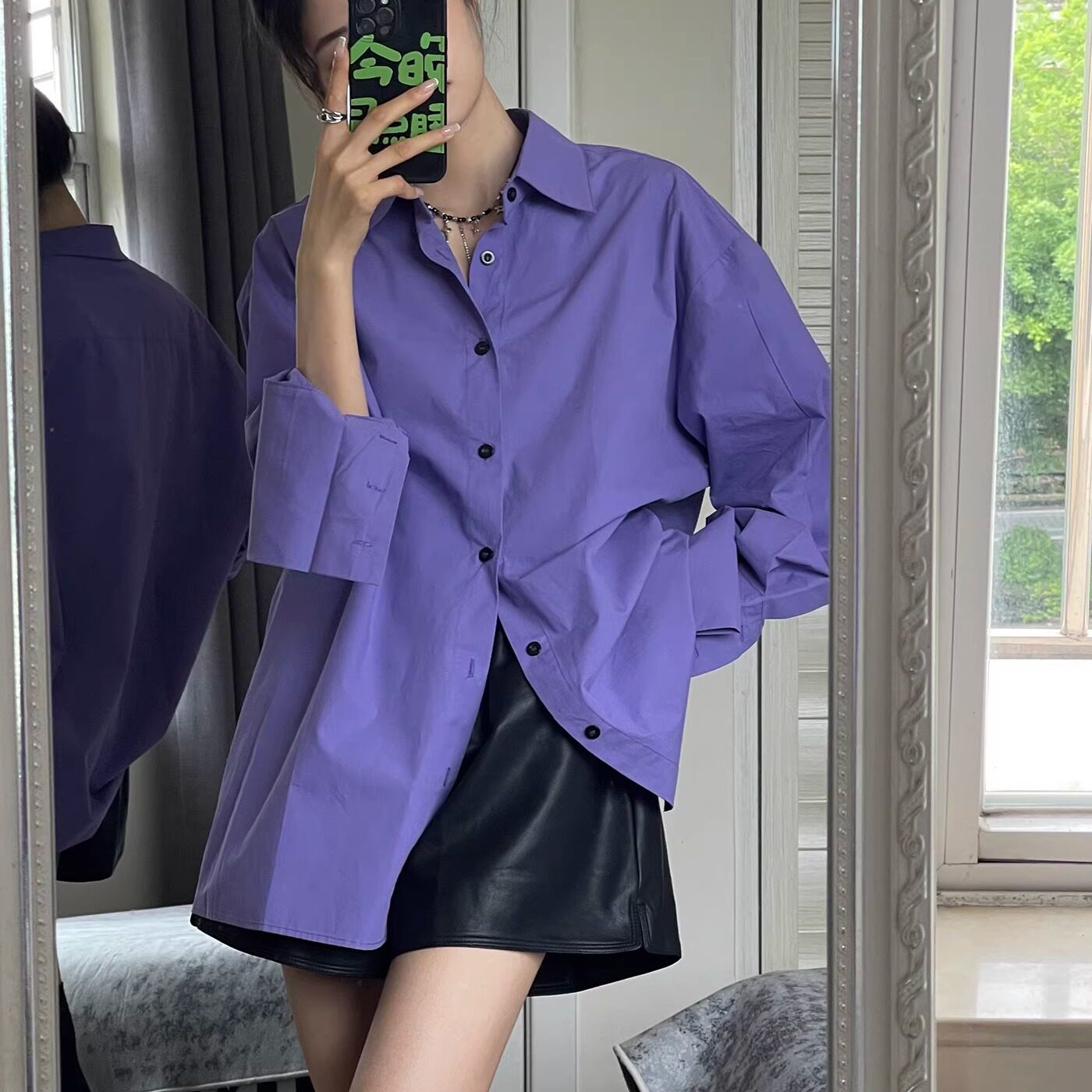美式今年流行的独特紫色棉质衬衫春日新款宽松设计感打底显白衬衣