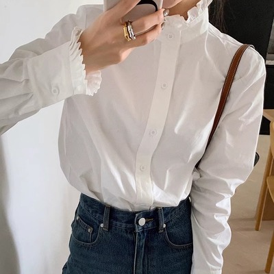 法式花边立领正肩纯棉长袖白衬衫