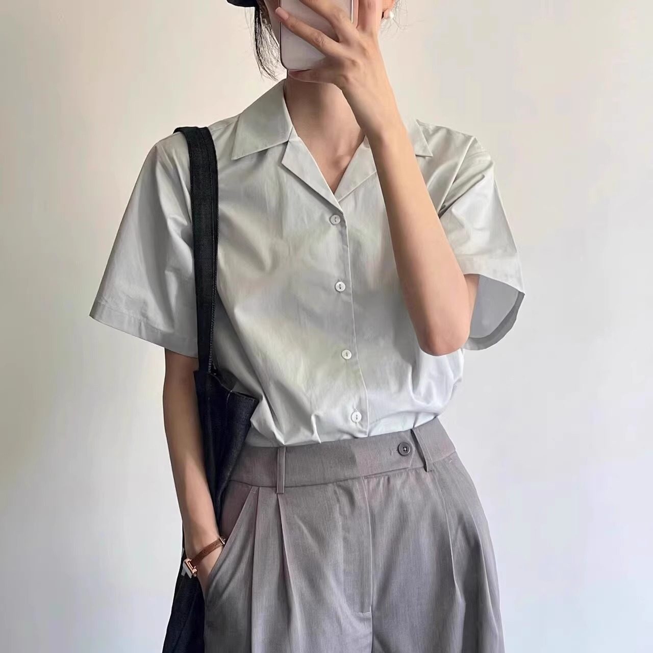 港风纯棉古巴领短袖灰蓝色衬衫