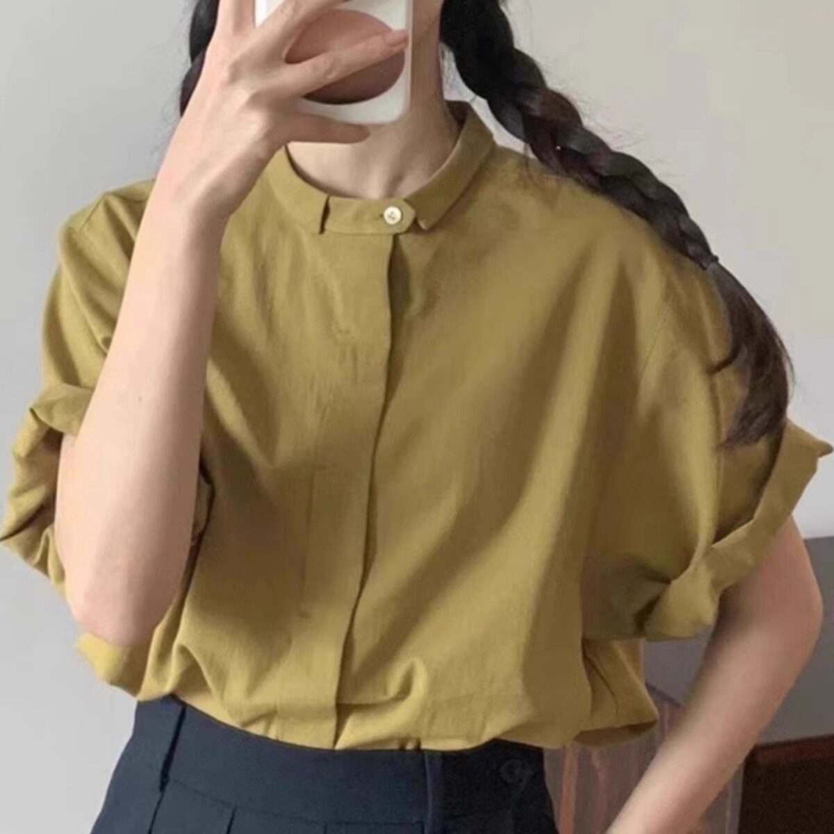 文艺法式宽松暗扣卷边短袖衬衫