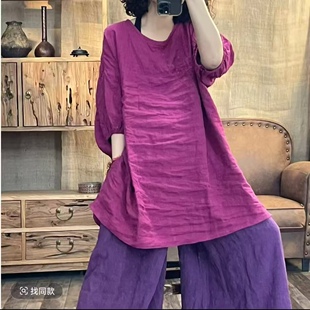 夏季 新品 百搭亚麻文艺圆领中长款 胸围140长83 女士上衣 6816