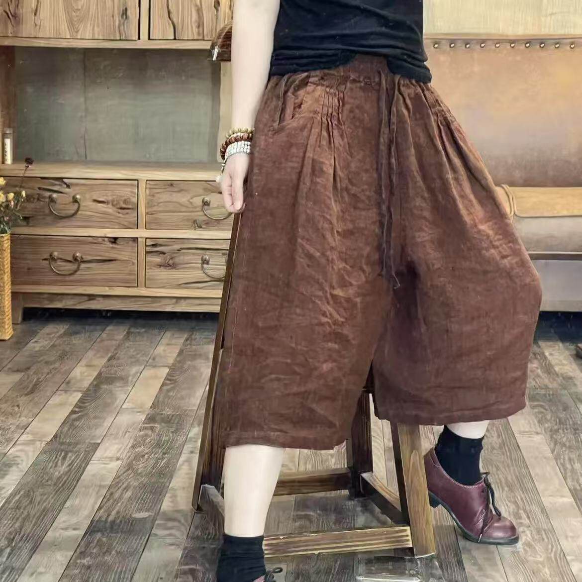 FF 6809 夏季新品亚麻色织文艺短裤休闲百搭女士裤子 臀围142长66 - 丽子原创出品