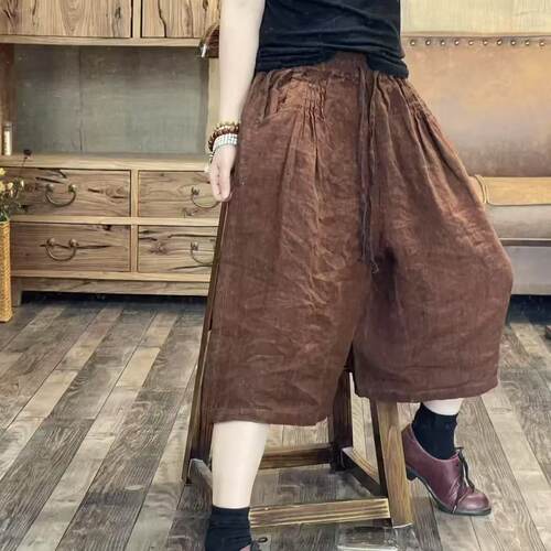 FF 6809 夏季新品亚麻色织文艺短裤休闲百搭女士裤子 臀围142长66