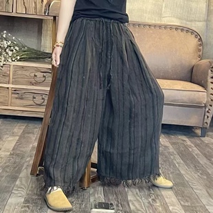 FF 7689 夏季新品条纹毛边亚麻直筒休闲百搭女士裤子 臀围136长88