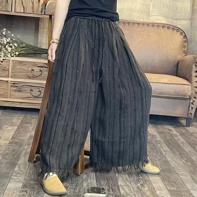 FF 7689 夏季新品条纹毛边亚麻直筒休闲百搭女士裤子 臀围136长88