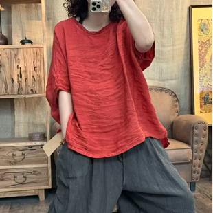 FF 7779 夏季新品圆领套头麻休闲百搭女士上衣 胸围142长65-68