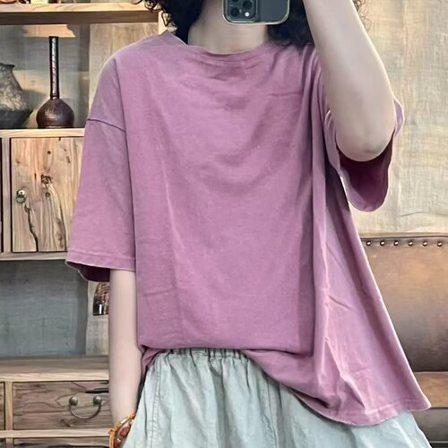 010 25218 夏季新品做旧炒色文艺女士短袖上衣T恤 胸围124长62