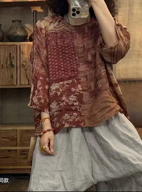 FF 7673 夏季新品花色复古文艺休闲百搭苎麻女士上衣 胸围140长60