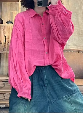 010 26026 春季新品休闲百搭麻系文艺亮色女士衬衫 胸围134长73