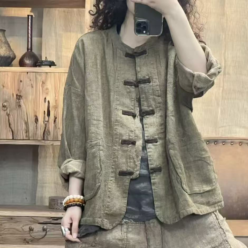 FF 7112 秋季新品盘扣文艺亚麻休闲百搭开衫女士外套 胸围138长63