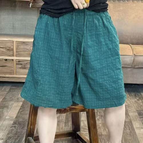S5 夏季新品棉麻格子休闲百搭女士短裤 臀围124长48