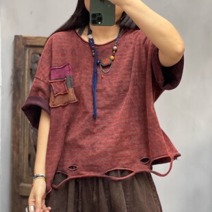 9579 条纹破洞圆领炒色怀旧T恤女上衣 新品 胸围134长56 夏季 F30