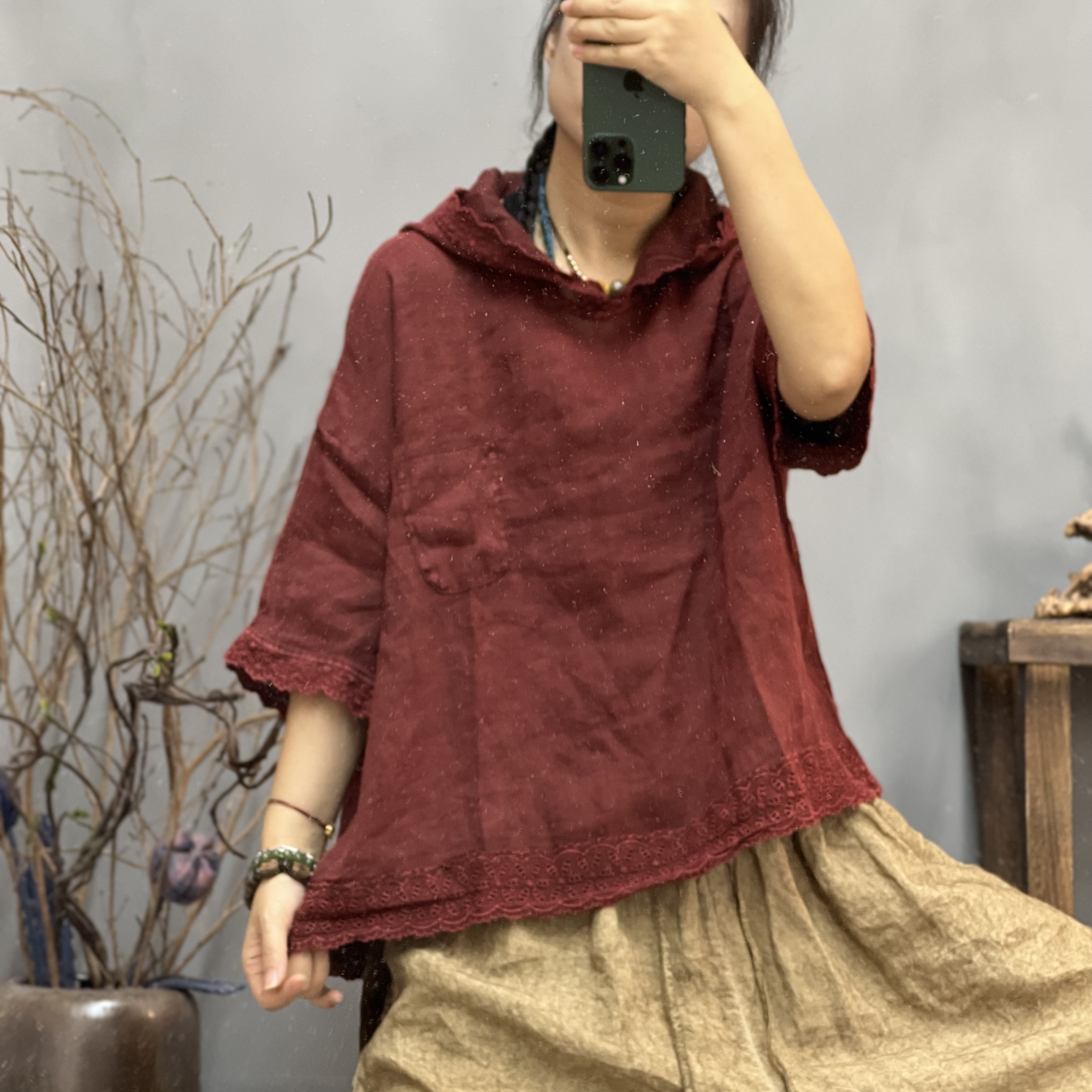 FF 6947 夏季新品亚麻连帽休闲百搭文艺女士上衣 胸围134长57