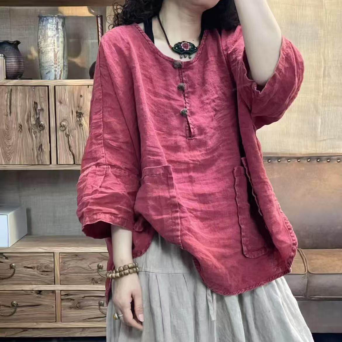 FF 7769 夏季新品文艺风半扣亚麻休闲女士上衣 胸围146长63