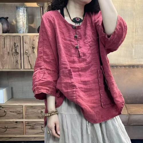 FF 7769 夏季新品文艺风半扣亚麻休闲女士上衣 胸围146长63