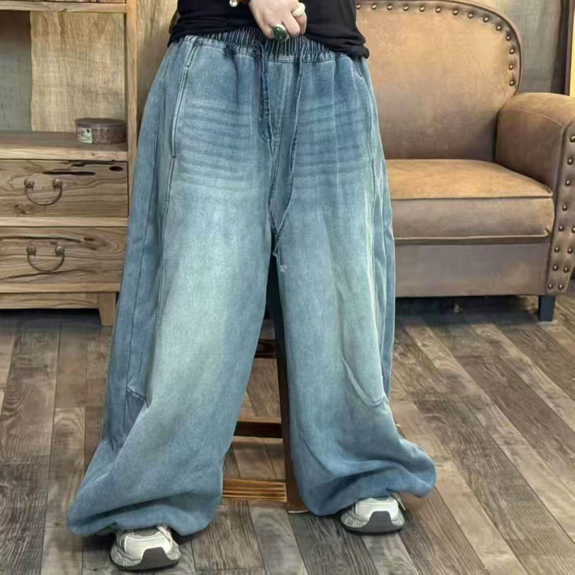 25 8394 冬季新品加绒直筒水洗休闲百搭女牛仔裤子 臀围144长100