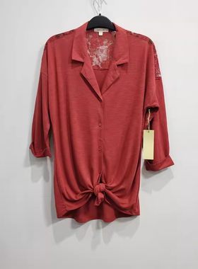 外贸原单蕾丝翻领中袖T恤女春夏时尚宽松打结纽扣开衫上衣七分袖